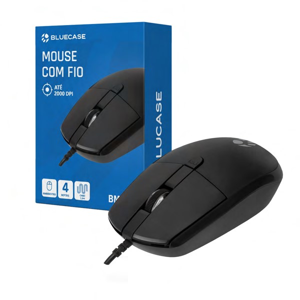MOUSE USB PRETO BM112B BLUECASE - AMBIDESTRO / DPI 1200 - 1600 - 2000 / 1.5M